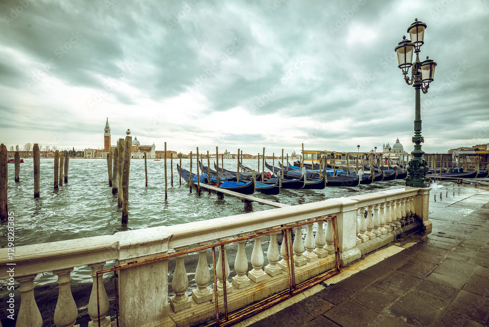 Venice gondolas parking during winter days