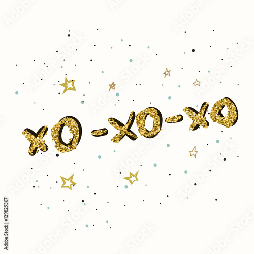 Merry Christmas greeting card with calligraphy Hohoho and golden glitters. Hand drawn brush lettering. Vector illustration.