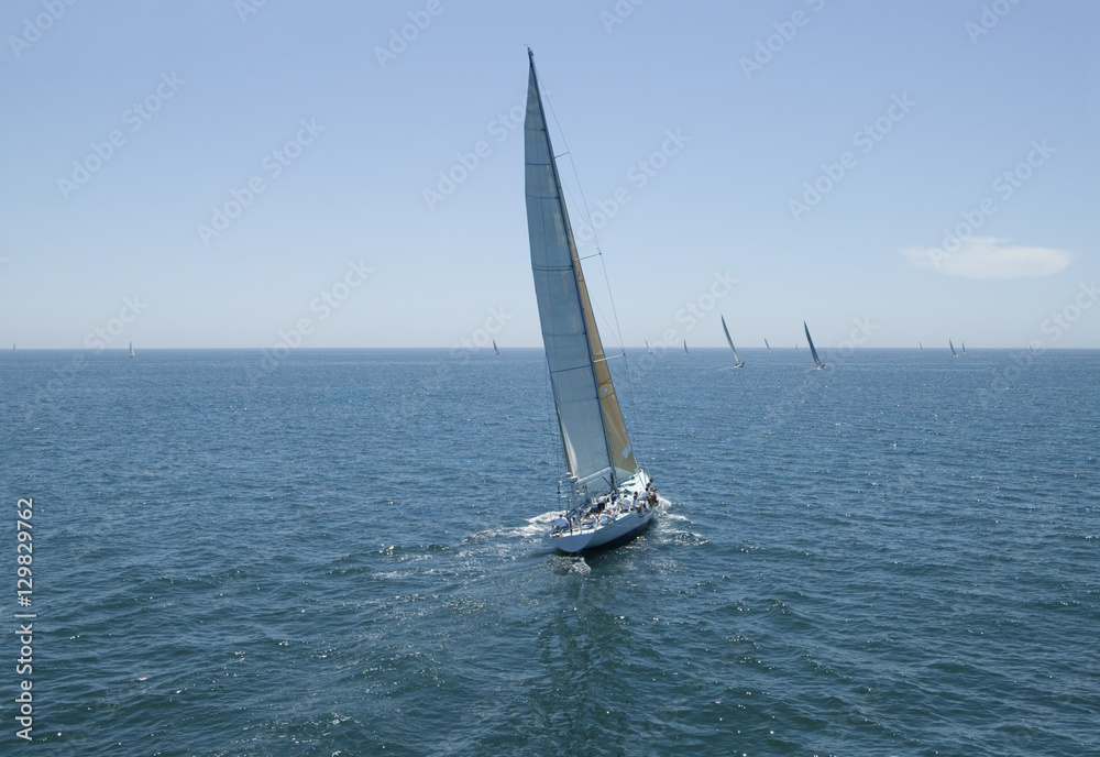 Obraz premium Overview of sailboats racing in the blue and calm ocean against sky