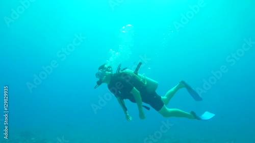 Wallpaper Mural UNDERWATER: Young man diving and swimming with sharks above stony coral reef  Torontodigital.ca