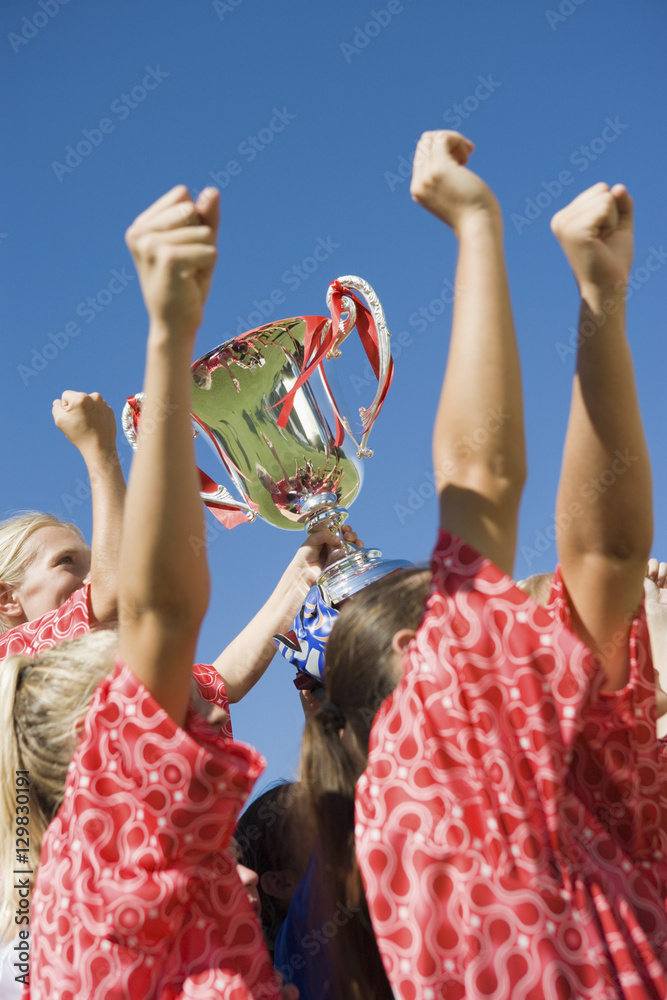 Φωτογραφία Low angle side view of happy girls soccer team with trophy against clear blue sk