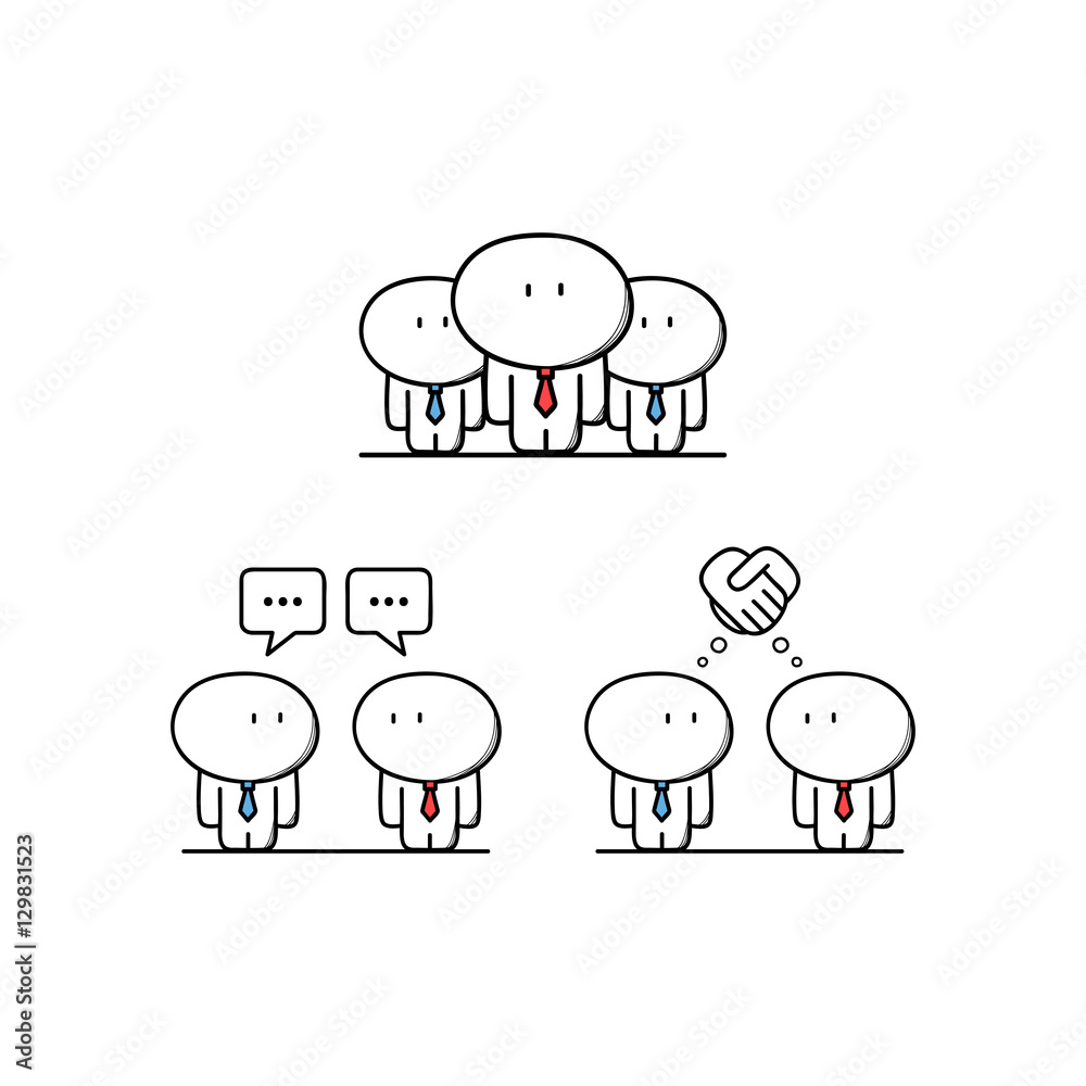 Cute businessman and colleagues, conversation or talk, business partners make a deal. Teamwork, discussion and handshake - cartoon vector illustration. Cute businessman and colleagues, conversation or talk, business partners make a deal. Teamwork, discussion and handshake - cartoon vector illustration.