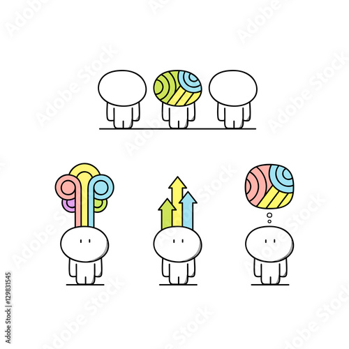 Cute funny creative man with colored rainbow and arrows. Creativity, fantasy, inspiration and intelligence - cartoon vector illustration.