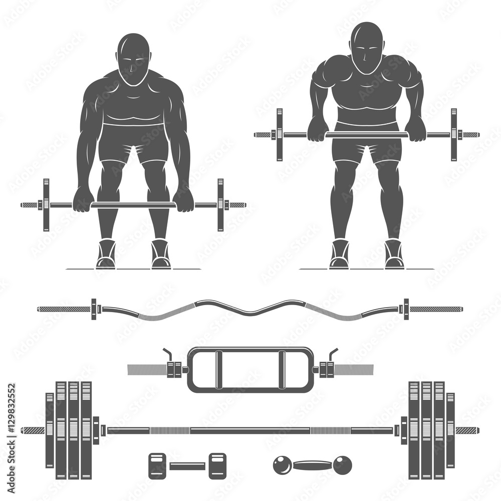 Standing bent over barbell row. Barbell and other sports equipment