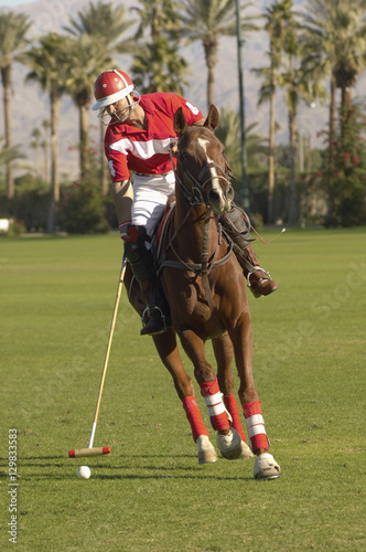 Full length of polo player swinging at ball