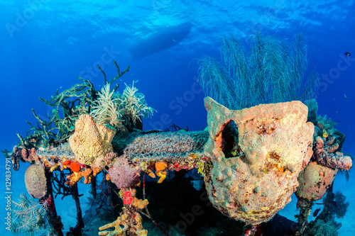 Old, coral encrusted shipwreck with a dive boat moored above it photo