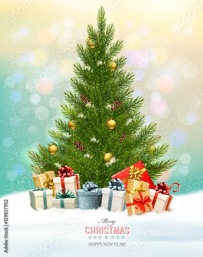 Holiday background with a Christmas tree and presents. Vector