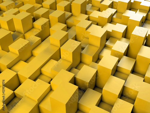 3d abstract cubism yellow geometric square background with mixed fragments and light effect. Surreal cubic texture of squares of varying heights. Perspective view. High-resolution 3d illustration