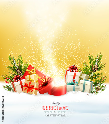 Christmas holiday background with presents and magic box.Vector