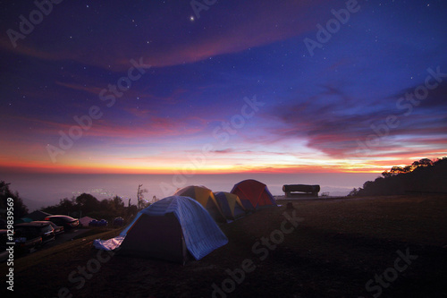 Camping and tent at Khun Sathan National Park,Nan province in Thailand and beautiful scenery during time before sunrise is a very popular for photographer and tourists. Attractions Concept