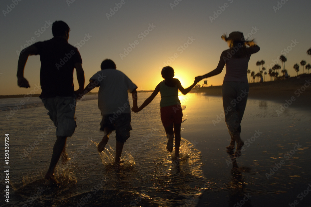 Rear view of family holding hands and running on the beach