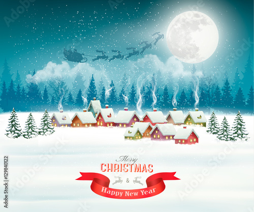 Winter village night Christmas background. Vector.