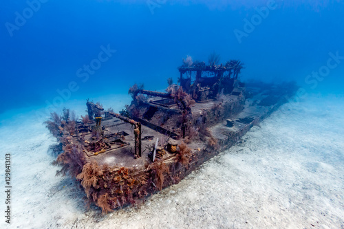 A small, coral encrusted shipwreck on a sandy seabed. © whitcomberd