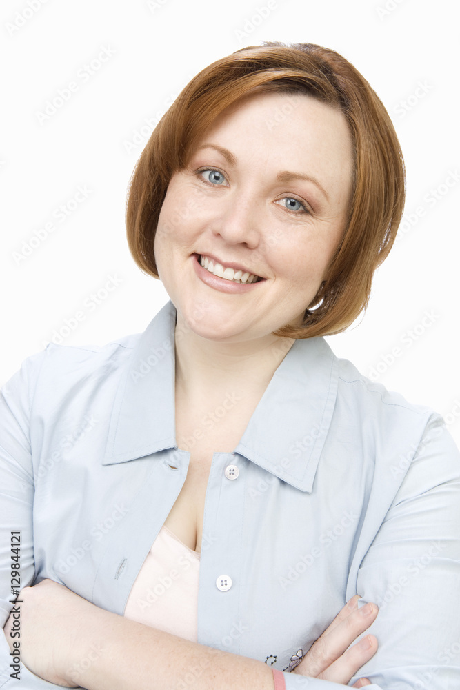 Portrait of happy businesswoman with hands folded over isolated white background Portrait of happy businesswoman with hands folded over isolated white background