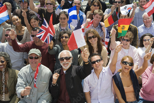 Fotografie High angle view of multiethnic people with different country flags