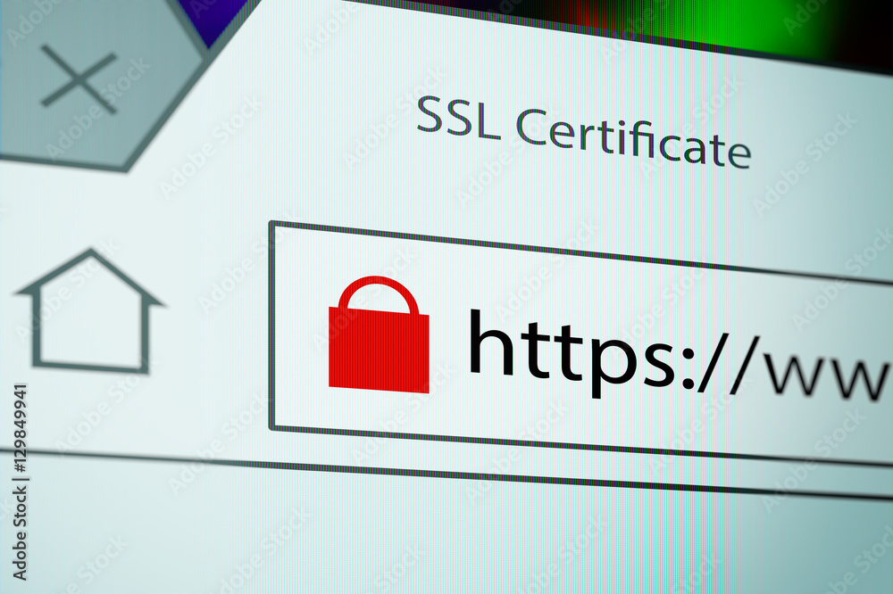 Close-up of a browser window showing lock icon during SSL connection - obrazy, fototapety, plakaty 