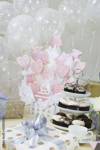Gifts, decorations and cake stand at hen party