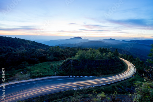 Long Exposure of Car Lights on mountains Sun rise thailand