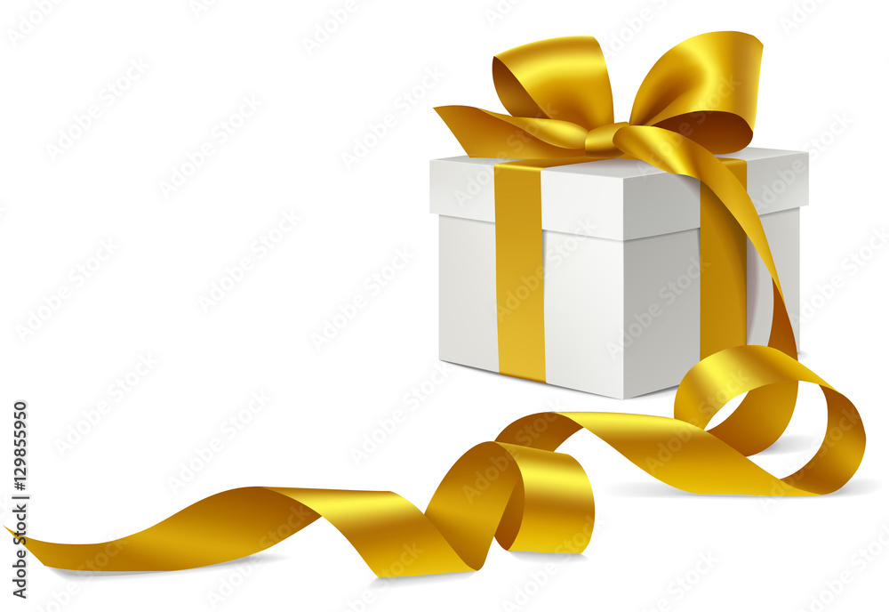 Decorative gift box with golden bow and long ribbon. Vector illutration ...