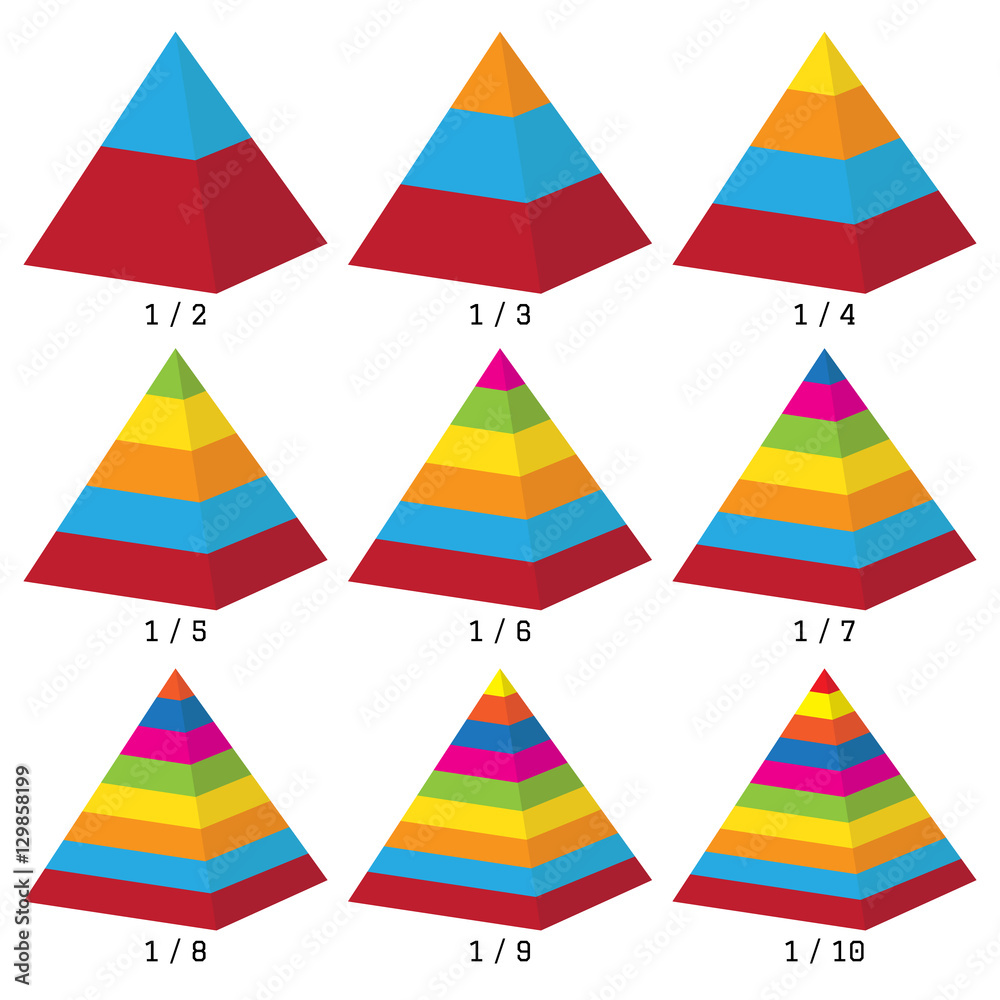 Set of colored isometry volumetric not symmetrical pyramid charts. Vector