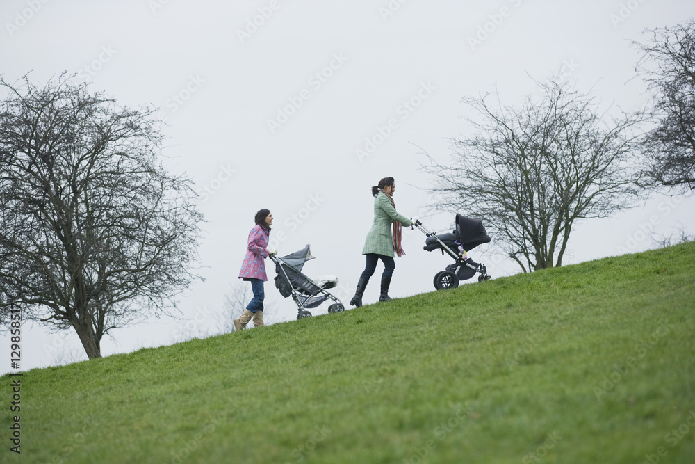 Full length of young mothers pushing baby strollers uphill in park Full length of young mothers pushing baby strollers uphill in park