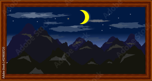 vintage wood picture frames design vector illustration and mountain landscape Night and Moon