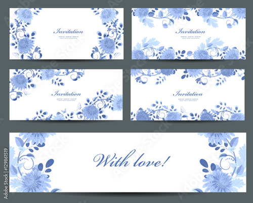 monochrome collection of greeting cards with blue chrysanthemum