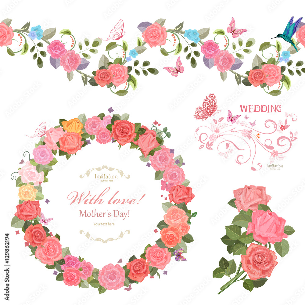 floral collection with roses.  seamless border and cute wreath f