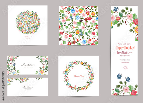collection of greeting cards with cute flora for and seamless te