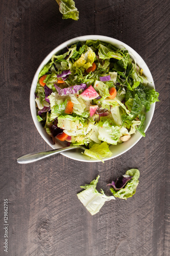 Italian salad with freshly harvested organic vegetables including endive, red cabbage, carrots, butter heart lettuce, romaine, and green lettuce with Italian dressing vertical shot