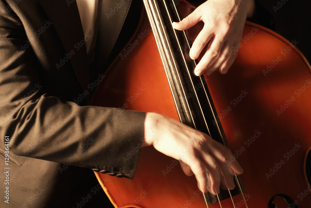 Closeup of hands plucking fingerboard of double bass Closeup of hands plucking fingerboard of double bass
