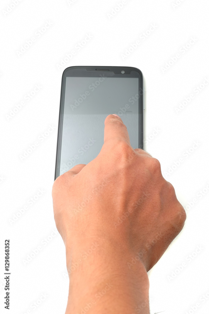 Hand touching screen on modern mobile smart phone