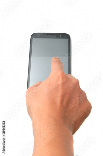 Hand touching screen on modern mobile smart phone