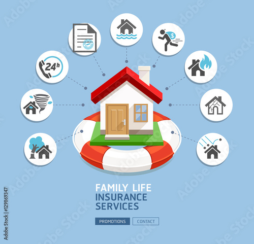 House insurance services. House with lifebuoy on blue background