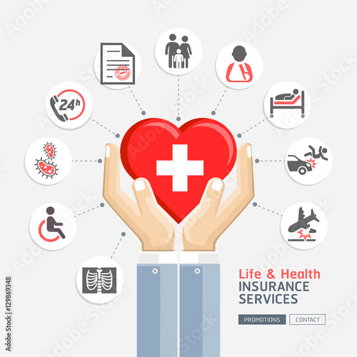 Life & health insurance services. Business hands holding heart s