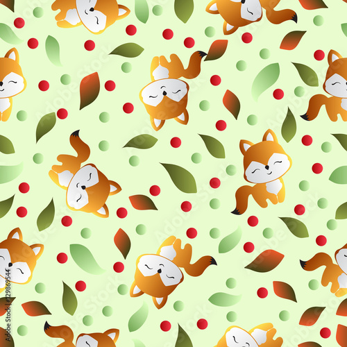 seamless pattern with smiling red fox and green leaves on a light green background 