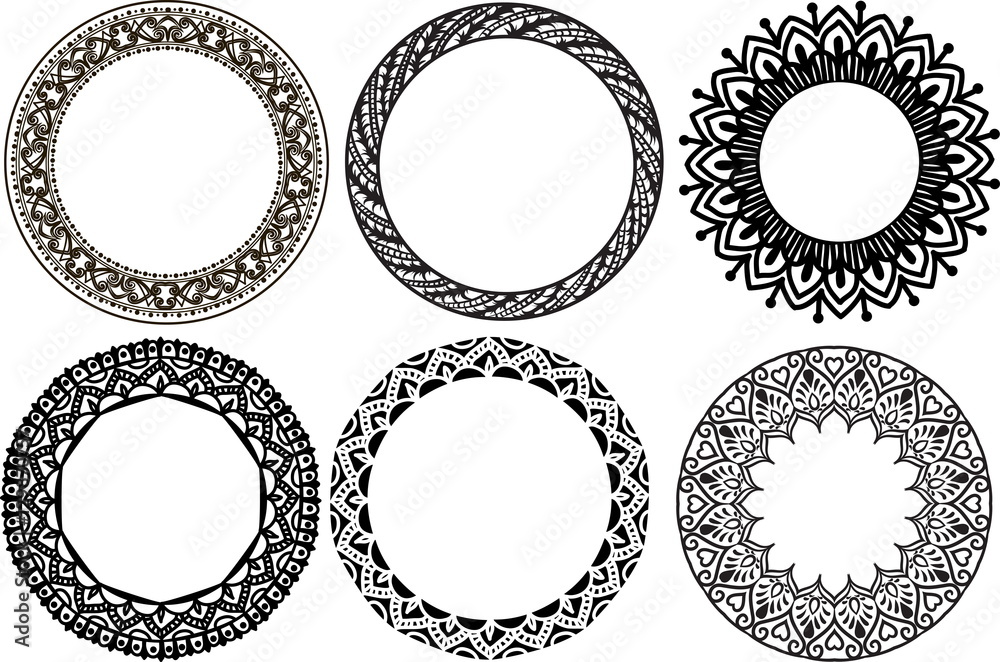 Set of five ornamental black floral round frames on a white background Set of five ornamental black floral round frames on a white background
