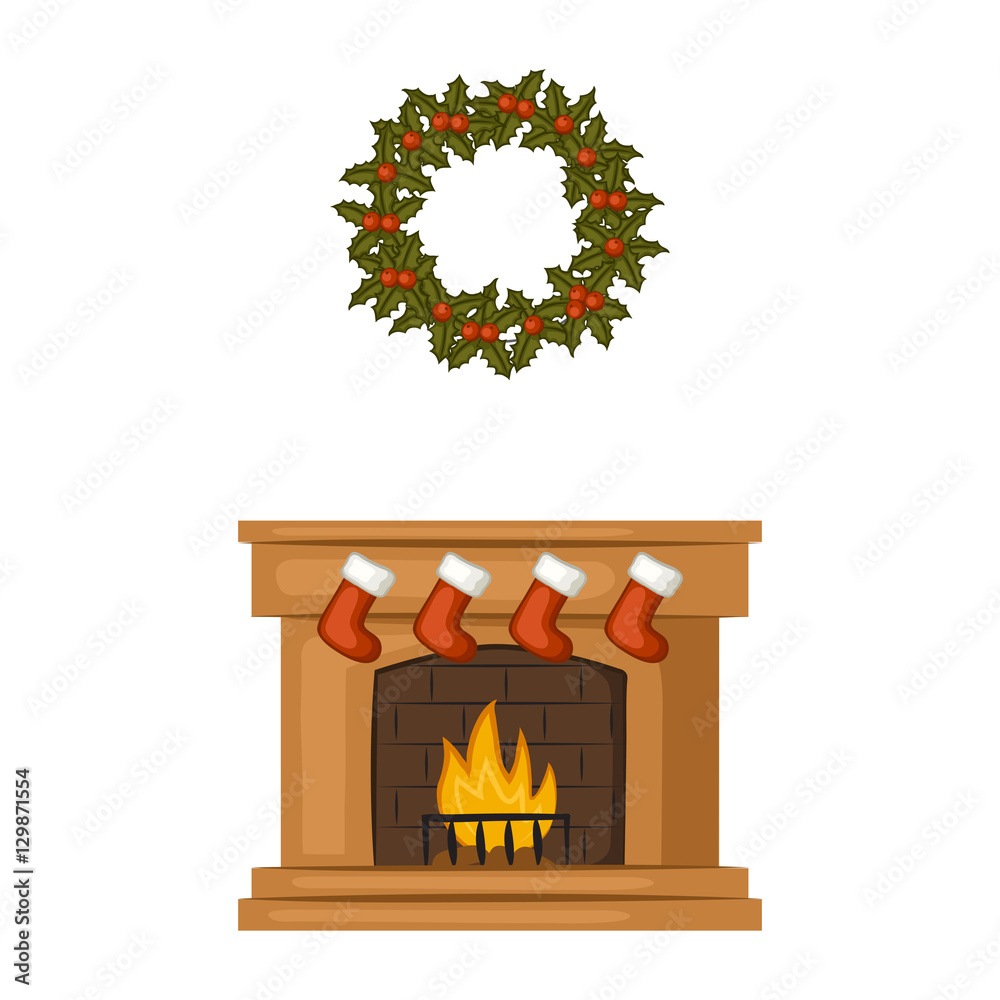 Christmas wreath of leaves and berries of mistletoe. Christmas fireplace  with stockings. Cartoon icons. Isolated objects on white background. Vector  illustration. Stock Vector | Adobe Stock