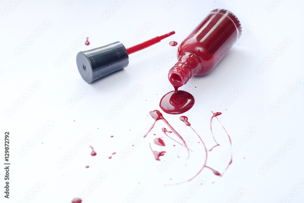 Red nail polish on a white background with space for text 