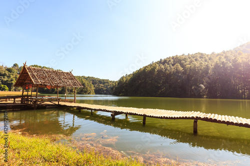 Bamboo bridge and hut in lake and camping site