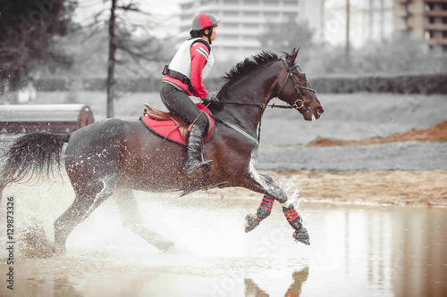 Rider on a cross country horse overcomes water obstacle in the spray, monochrome art