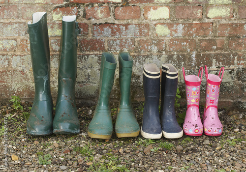 View of a variety of rubber boots in a row photo