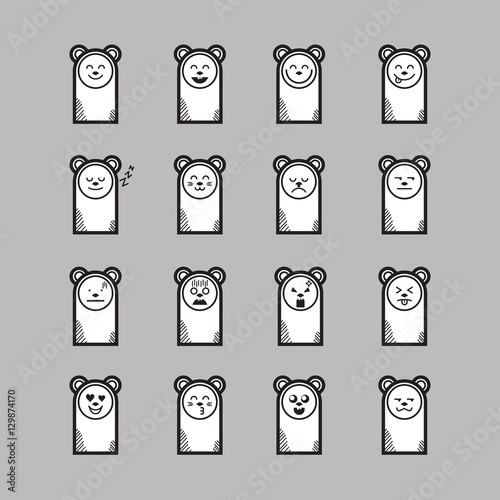 Set of cartoon bear stickers emoticons. Character design. Bear face emotions