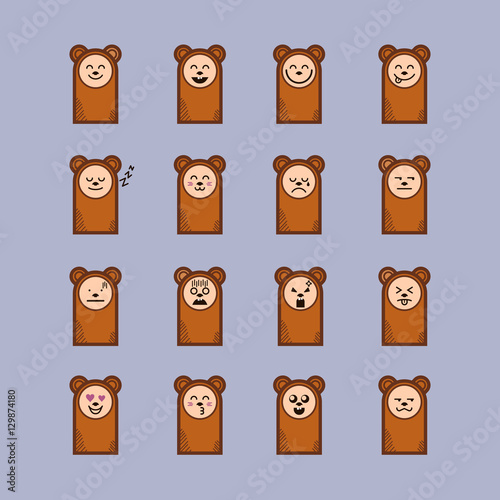 Set of cartoon bear stickers emoticons. Character design. Bear face emotions