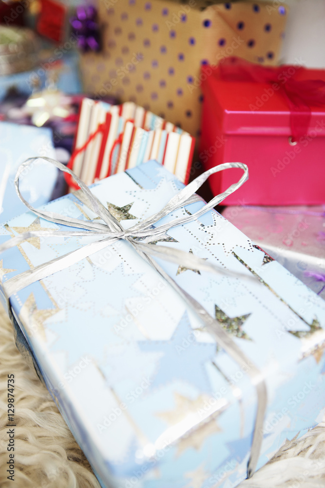 Closeup of Christmas gifts wrapped with bow Closeup of Christmas gifts wrapped with bow
