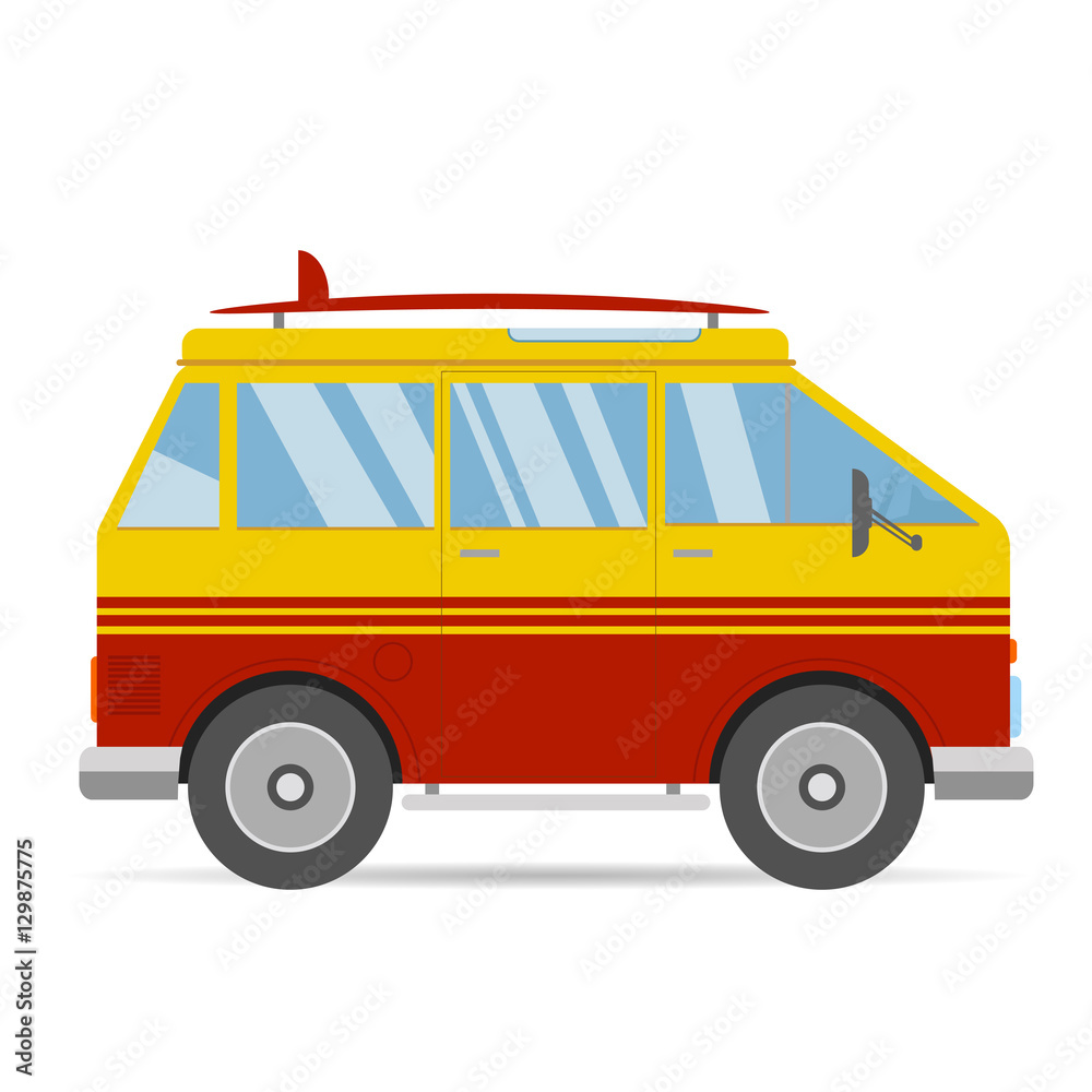 Vintage red yellow travel bus surfing cartoon van in flat design