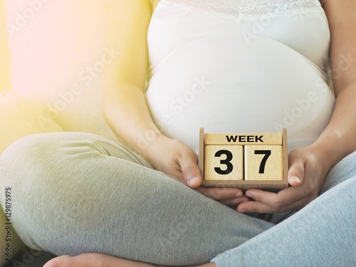 Calendar with weeks 37 of pregnant with pregnancy woman background. Maternity concept. Expecting an upcoming baby. Due date countdown.