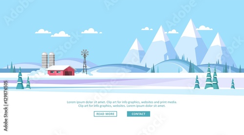 Winter rural landscape. Background of snow capped mountain and hills. Design concept for info graphic, websites and print media. Horizontal layout. Vector illustration.