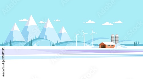 Winter rural landscape. Background of snow capped mountain and hills. Design concept for info graphic, websites and print media. Horizontal layout. Vector illustration.