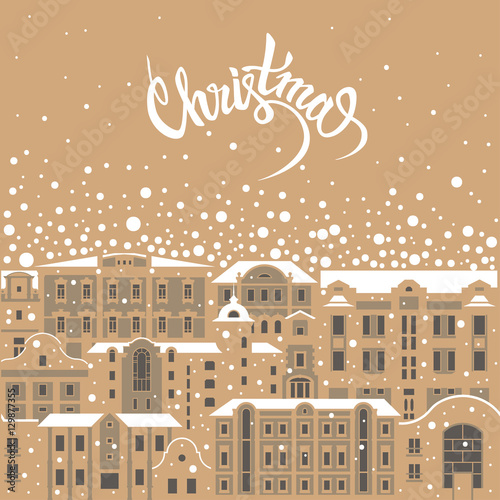 Vintage vector New Year card. Ancient buildings with snow-covered roofs and falling snow on beige background. Handwritten lettering "Christmas".